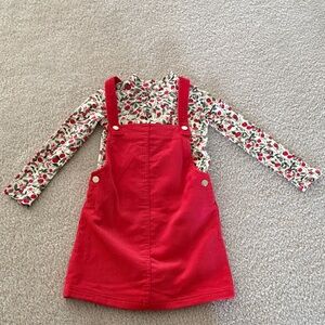 Isaac Mizrahi Red Corduroy Overall Dress with Cherry Print Top